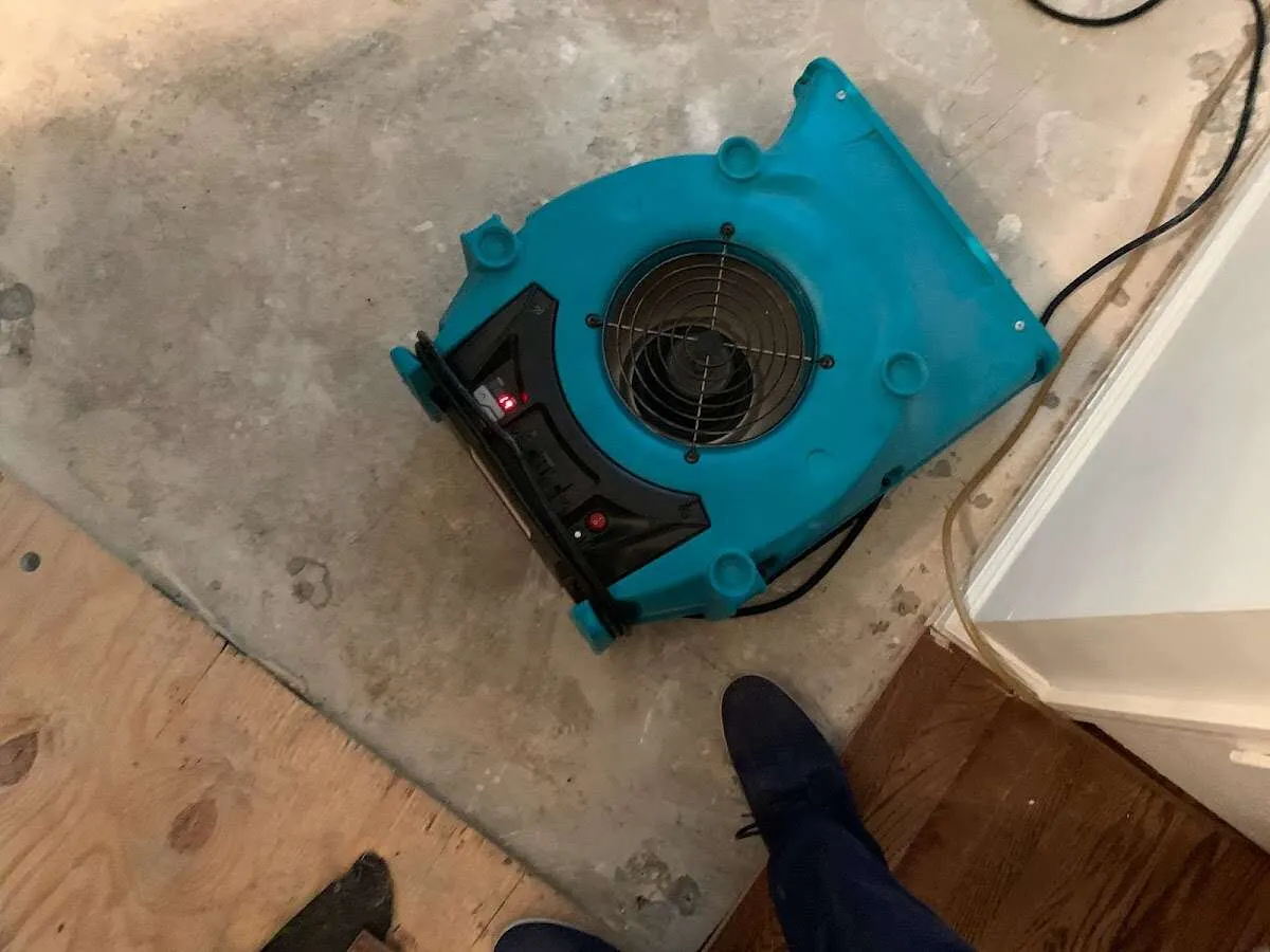 Air mover drying subfloor during Leak Detection & Repair in Bull Mountain